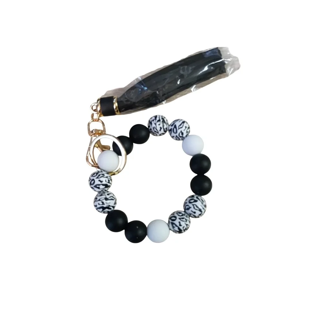 Black White Leopard Silicone Bead Keychain Wristlet with Tassel Gold Hardware